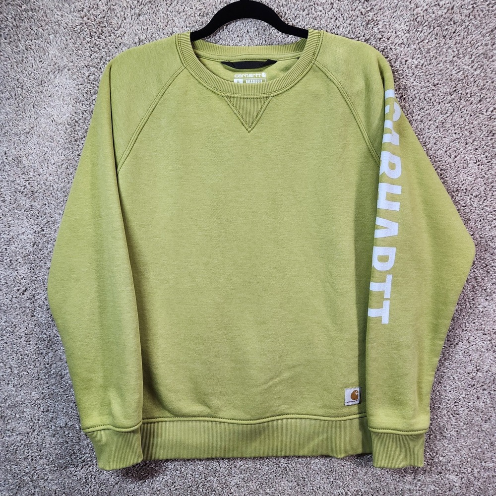 Carhartt Sweatshirt Women M (8-10) Green Fleece Lined Relaxed Ribbed Sleeve Logo